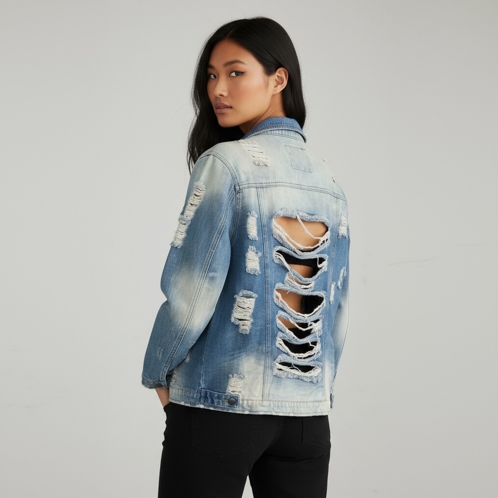New Boutique Shred Distressed Acid Wash Denim Jacket Open Shred Back Women’s Sm